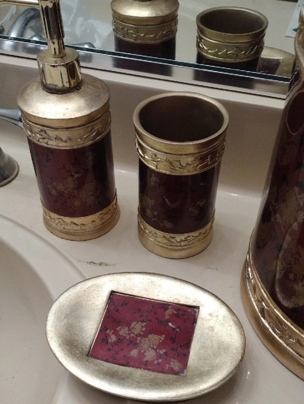 Set of 4 Gold & Burgundy Floral Bathroom Accessory Set lotion, soap dish, tumble